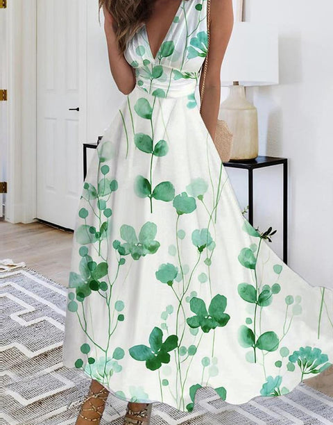 Women's new V-neck with lining high waist sleeveless printed sexy vest dress m301267