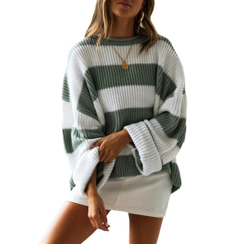 Crew neck long sleeve striped knitted sweater flared sleeve loose sweater women m301591