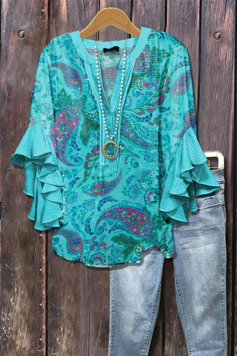 Creative floral element printing digital printing casual trend V-neck lotus edge T-shirt m301358