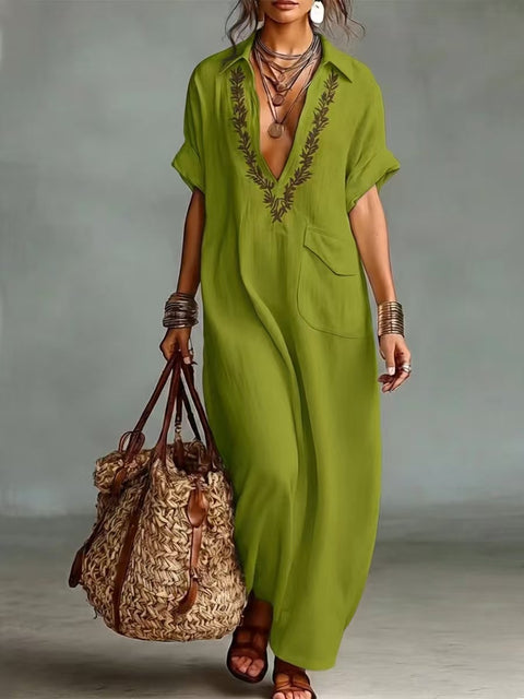 Loose ladies embroidery pocket casual lapel cotton and linen jumpsuit m302716