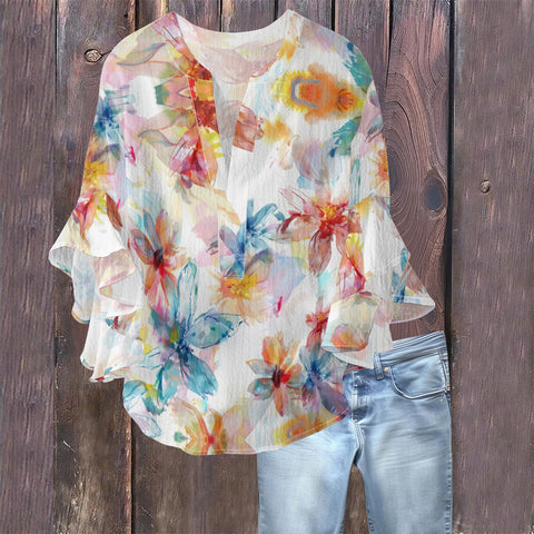 Creative floral element printing digital printing casual trend V-neck lotus edge T-shirt women's m301769