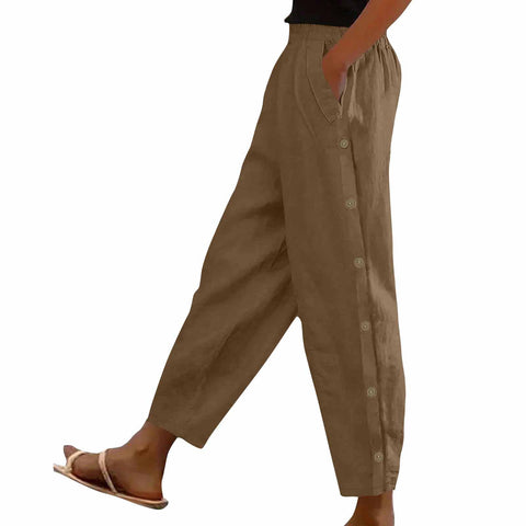 Side button pocket solid color mid-waist cotton and linen casual loose trousers m302831