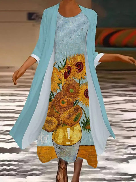 New women's long dress two-piece set flower and grass print crew neck dress m301251