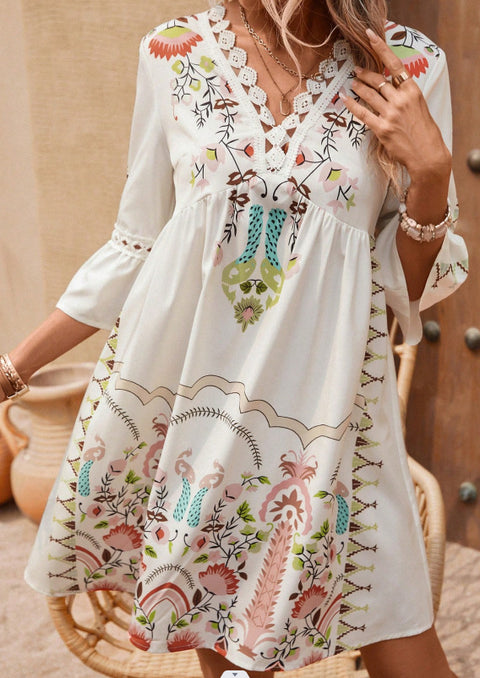 New V-neck lace splicing casual versatile print dress m300993