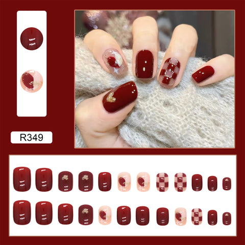 Wear a removable fake nails piece of red sweetheart white checkerboard love manicure m55010557