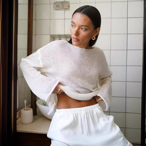 Women's perspective thin large round neck horn sleeve knitted T-shirt m301766