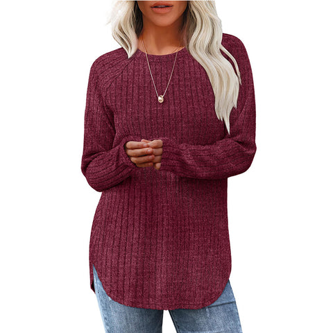 Loose crew neck high and low curved hem top women's m302070