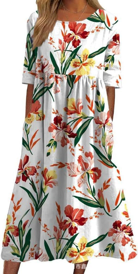 Ladies Casual Crew Neck Pullover Short Sleeve 3D Printing Pleated Waist Swing Long Dress Dress m301299