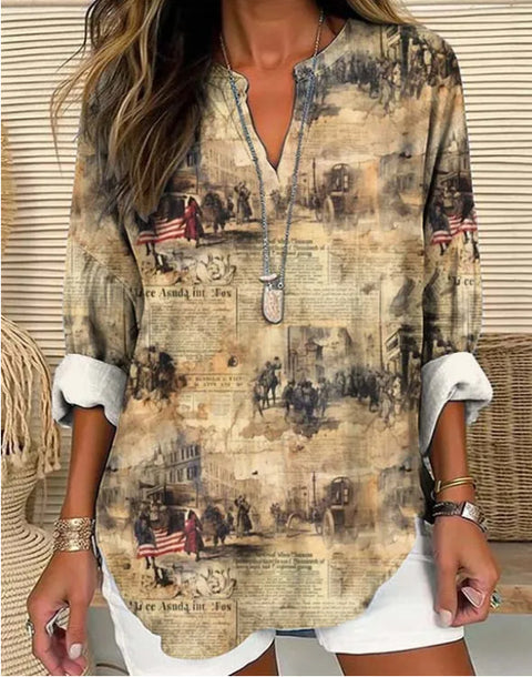 Loose 3D Printed V-Neck Shirt Long Sleeve T-Shirt m301360