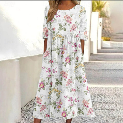 Ladies Casual Crew Neck Pullover Short Sleeve 3D Printing Pleated Waist Swing Long Dress Dress m301299