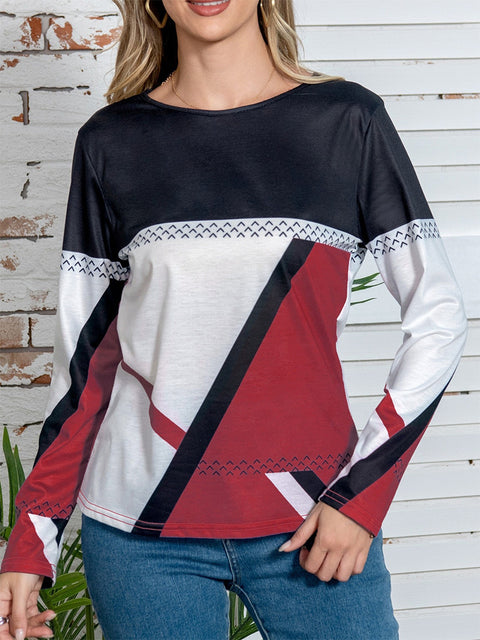 Spring and Autumn Elegant Geometric Contrast Top Long Sleeve T-Shirt m301645