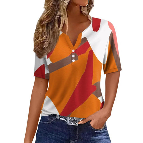V-neck three-button 3D printed short-sleeved women's top m300617