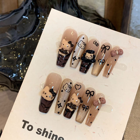 Hand-worn manicure ins premium brown Hello Kitty cat eye long white removable fake nail sticker m3331216