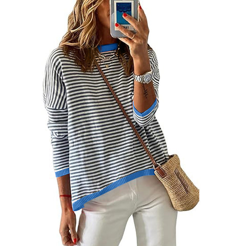 Crew neck striped contrasting color long-sleeved casual sweater m300958