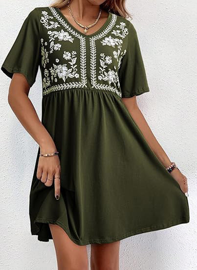 Casual loose V-neck print waist short-sleeved women's dress m302347