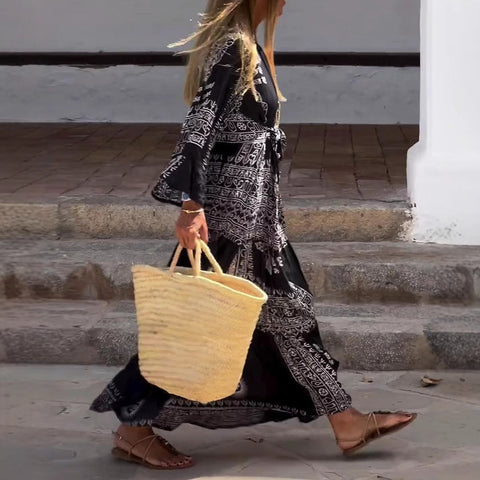 Ethnic print bohemian spring and autumn vacation dress m302012