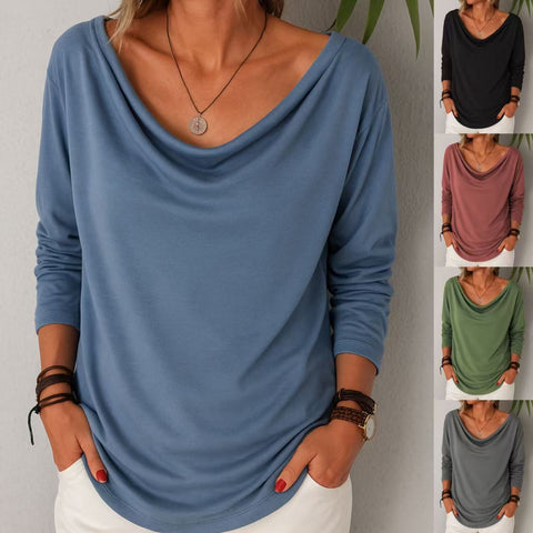 Women's casual loose fashion long-sleeved solid color stacked collar pullover t-shirt top m301755