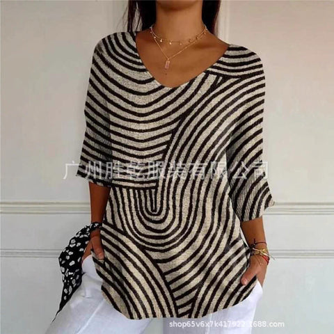 V-neck 3D printed geometric pattern five-quarter sleeve T-shirt top m302777