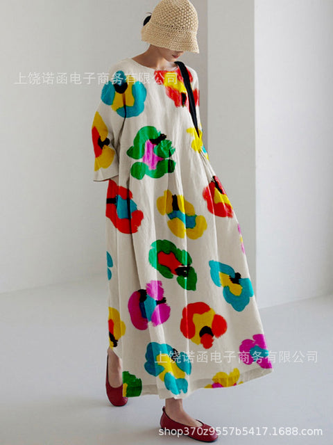 Loose crew neck fashion high-end long-sleeved printed dress m301054