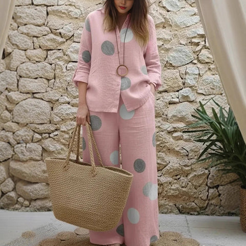 Women's suit long-sleeved lapel button-up top trousers printed two-piece set m302718