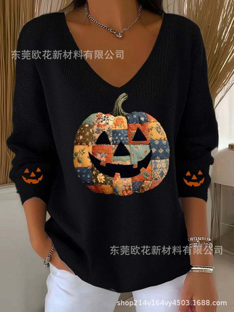 Halloween printed women's V-neck imitation sweater m302107