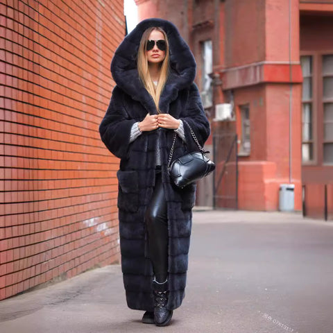 Street hipster no belt solid color long sleeve artificial fur hooded warm fur jacket autumn m302144