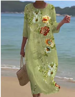 Loose crew neck fashion high-end long-sleeved printed dress m301053