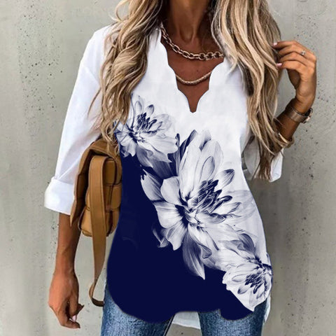 Fluted Collar Shirt Printed Long Sleeve Female M300215