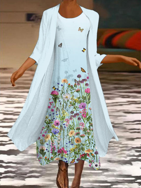 New women's long dress two-piece set flower and grass print crew neck dress m301251