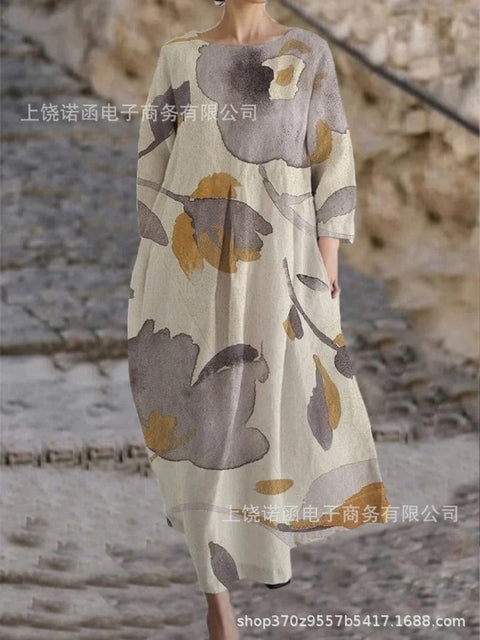 Women's loose crew neck fashion high-end long-sleeved printed dress m301049