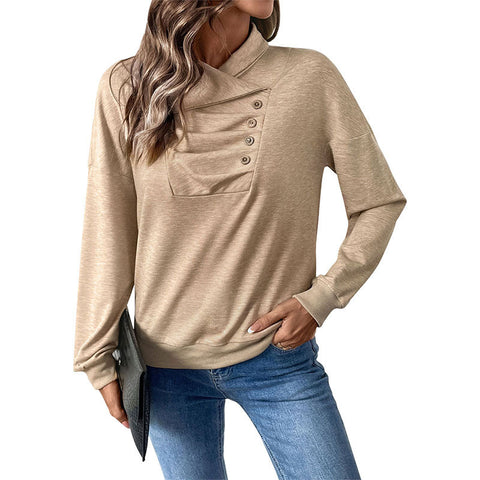 Casual sweater pleated button solid color stand-up neck sweater women's m300800