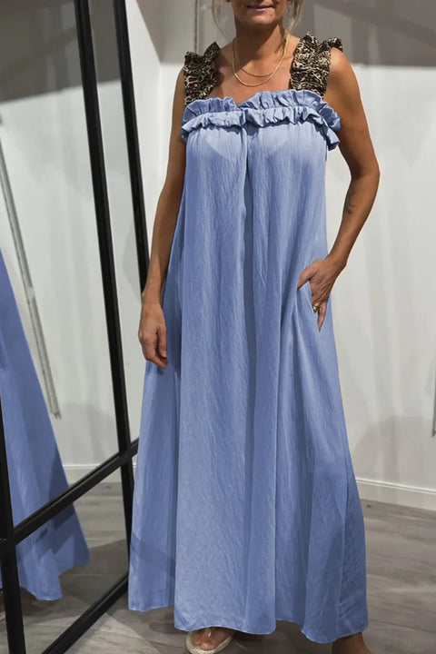 Popular vacation women's casual suspender splicing leopard print pocket cotton and linen dress m302050