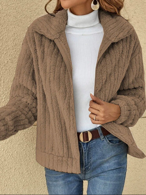 Pit strip plush cardigan lapel short jacket m300357