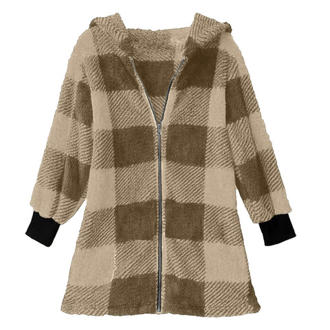 Long Sleeve Plaid Hooded Zipper Pocket Loose Jacket m302168