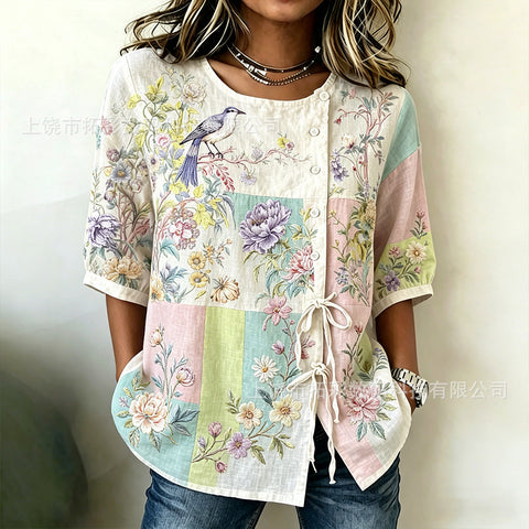 Temperament women's long-sleeved shirt printed top lace-up shirt m302925