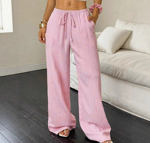 Casual solid color textured fabric knotted waist diagonal pocket wide leg pants m302809