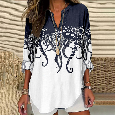 Loose 3D Printed V-Neck Shirt Long Sleeve T-Shirt m301360