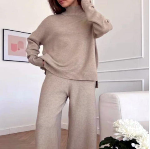 High-necked knitted suit women's autumn and winter lazy wind hair wide-leg pants two-piece set m301785
