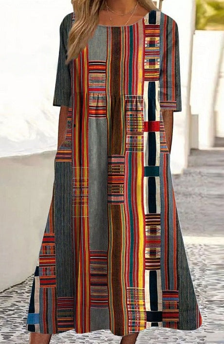 Up and down splicing pocket size printing big wide dress m301712