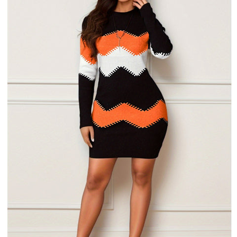 Mid-Length Skirt round Neck Long Sleeve Printed Knitted Sheath Dress M300204