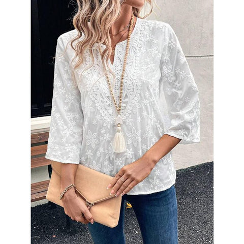 Casual loose embroidered lace v-neck women's clothing m301476