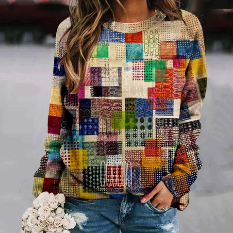 Printed Splicing Crew Neck Shoulder Sleeve Women's Sweater m302176