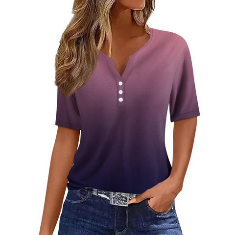 Women's T-shirt V-neck three-button 3D printing short sleeve m300477