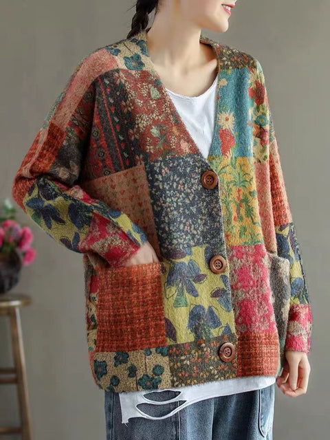 Ethnic style printed imitation mink velvet knitted cardigan women's autumn new retro loose sweater jacket m301711