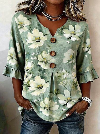 Small V-neck shirt flared sleeve printed button-down shirt m302753