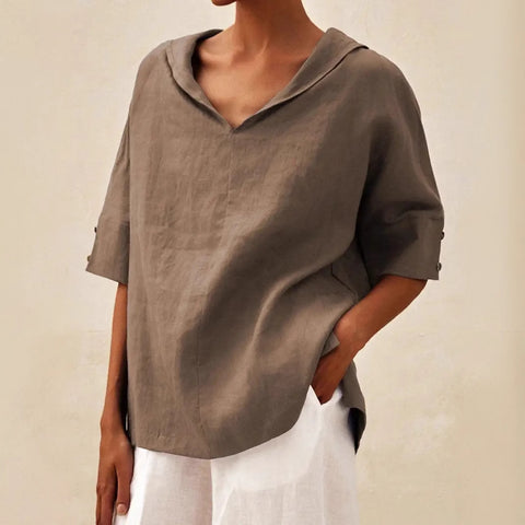Solid color cotton and linen loose hooded top T-shirt m302700