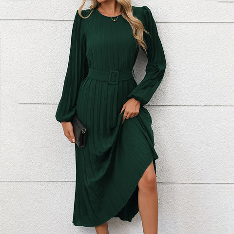 Dress long sleeve pleated round neck high waist long dress women m300809