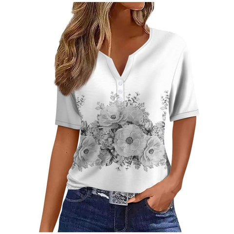 V-neck three-button 3D printed short-sleeved women's top m300617