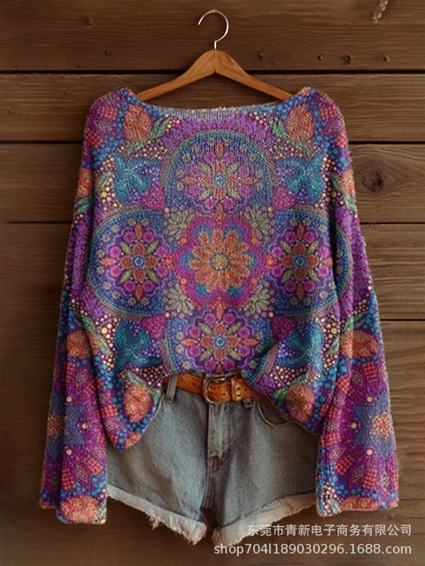 Vacation print casual cape top crew neck knitted sweater m302130