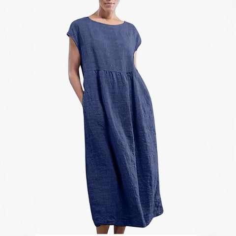 Solid color sleeveless loose cotton and linen pocket dress m301608